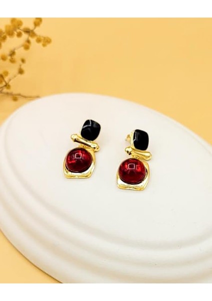 Siyah Mineli Bordo Taş Etnik Kare Pirinç Küpe indirimleri