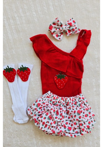 Kız Bebek Ribana Tek Kol Askılı Çıtçıtlı Kırmızı Body Fırfırlı Çilek Desen Etek Çilek Keçe Çorap Set