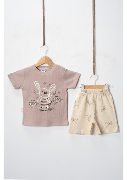 Unisex %100 Pamuklu Waffle Kumaş Yazlık Tişört ve Şort Takım - 9 - 12 - 18 Ay