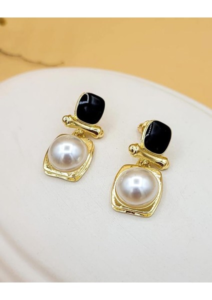 Siyah Mineli Inci Taş Etnik Kare Pirinç Küpe