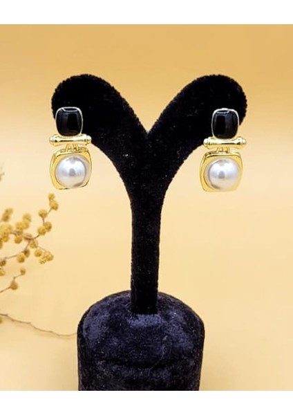 Siyah Mineli Inci Taş Etnik Kare Pirinç Küpe fiyatları