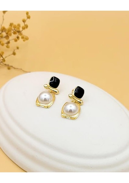 Siyah Mineli Inci Taş Etnik Kare Pirinç Küpe fırsatları