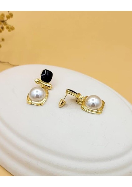 Siyah Mineli Inci Taş Etnik Kare Pirinç Küpe indirimleri