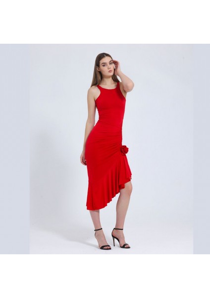 Kırmızı Gül Detay Fırfırlı Uzun Elbise