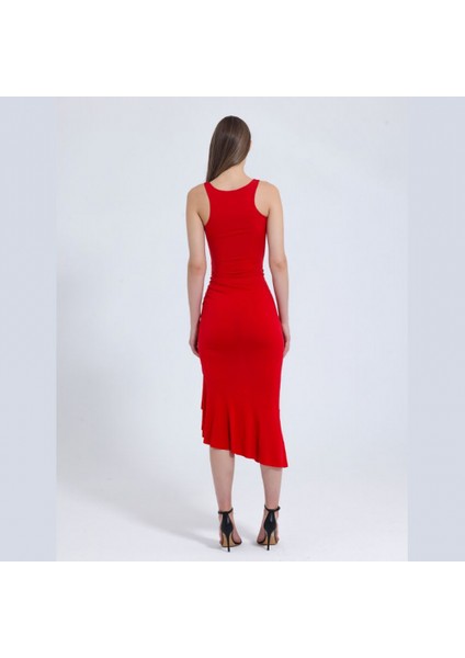 Kırmızı Gül Detay Fırfırlı Uzun Elbise modelleri