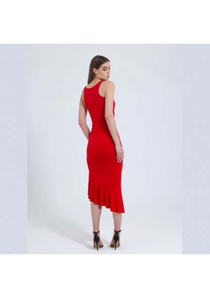 Kırmızı Gül Detay Fırfırlı Uzun Elbise indirimleri