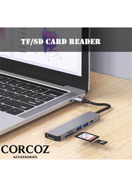 Type-C To USB 3.0 6in1 Tsd Tf 4K Hd HDMI Pd Kart Okuyucu Çevirici Dönüştürücü Adaptör - CZ57