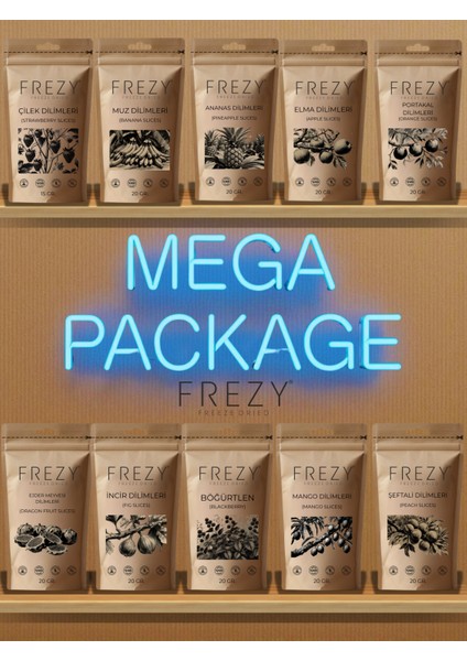 Frezy Freeze Dry MEGAMIX10 Karışık Paket Dondurularak Kurutulmuş Meyve Atıştırmalıkları, Doğal Meyve Cipsi 10 Ayrı Paket