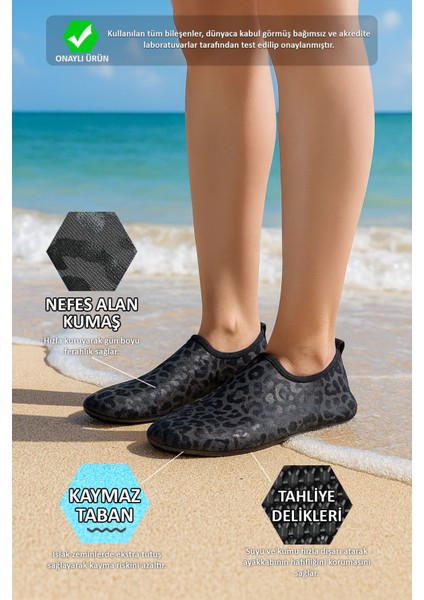 Siyah Leopar Desenli Kaymaz Tabanlı Esnek Hafif Kadın Havuz Plaj Deniz Ayakkabısı