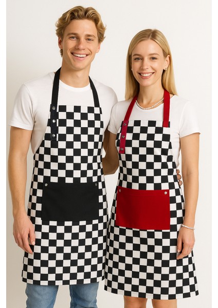 Leke Tutmaz Su Itici Kumaş Dama Desenli Cepli 2'li Önlük Seti Kadın Erkek Mutfak Önlüğü