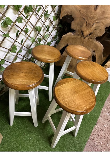 -Beyaz ve Açık Kahve Ahşap Tabure-Bar Taburesi (45 Cm) 1 Adet