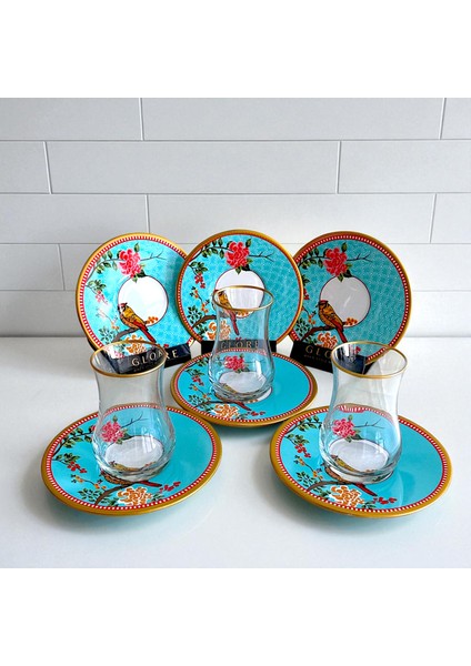 Kuşlu Çiçekli 6 Kişilik Çay Bardağı Seti