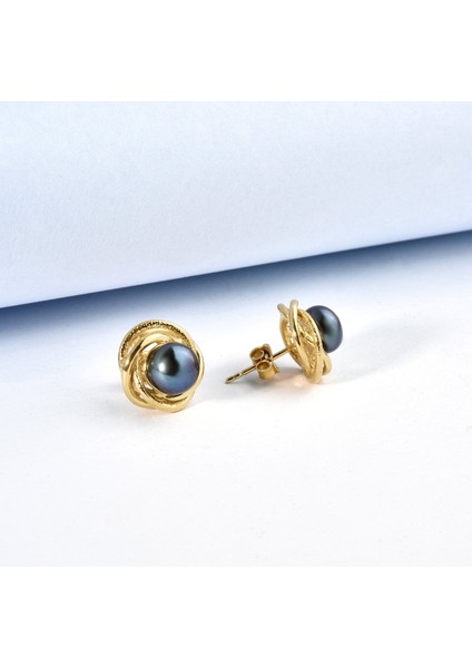925 Ayar Gümüş Altın Kaplama Tahitian Siyah Inci Detaylı Çivi Küpe - EP00139