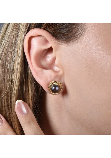 925 Ayar Gümüş Altın Kaplama Tahitian Siyah Inci Detaylı Çivi Küpe - EP00139 fiyatları
