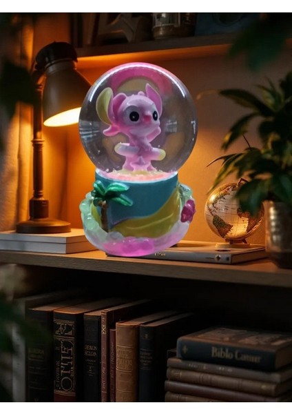 Stitch -( Sarı Altlık) 11CM-7CM –pilli Pembe Kar Küre