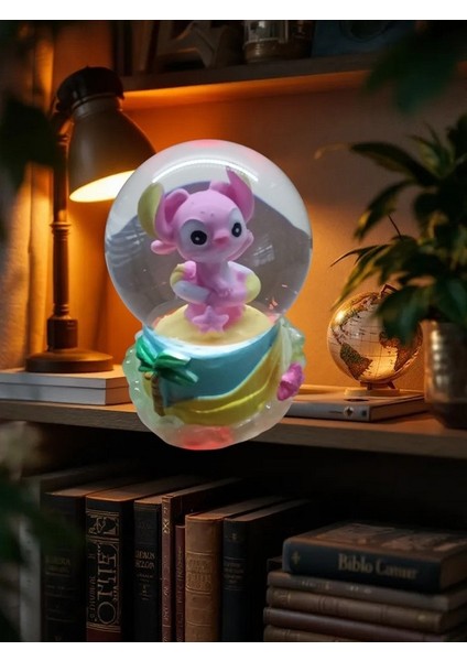 Stitch -( Sarı Altlık) 11CM-7CM –pilli Pembe Kar Küre