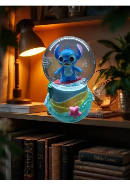 Işıklı 10CM-8CM -Mavi Renk ( Sarı Altlık) Stitch Kar Küre