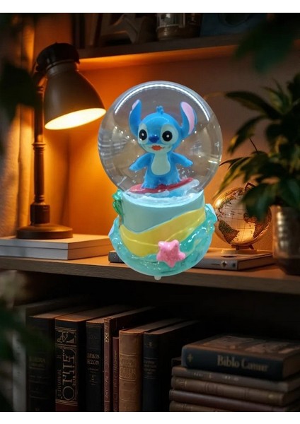 Işıklı 10CM-8CM -Mavi Renk ( Sarı Altlık) Stitch Kar Küre modelleri