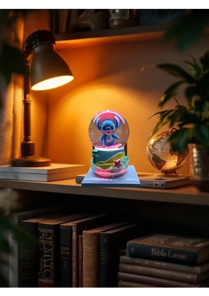 Işıklı 10CM-8CM -Mavi Renk ( Sarı Altlık) Stitch Kar Küre indirimleri