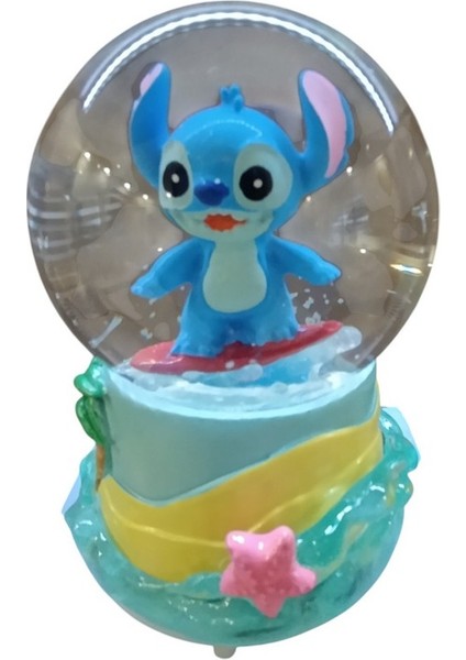 Işıklı 10CM-8CM -Mavi Renk ( Sarı Altlık) Stitch Kar Küre