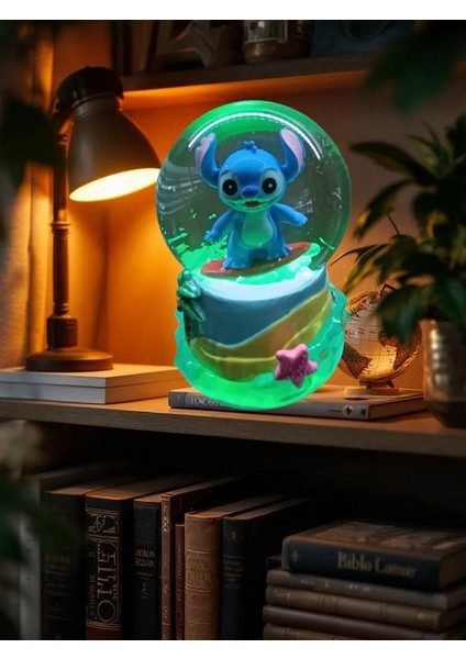 Işıklı 10CM-8CM -Mavi Renk ( Sarı Altlık) Stitch Kar Küre