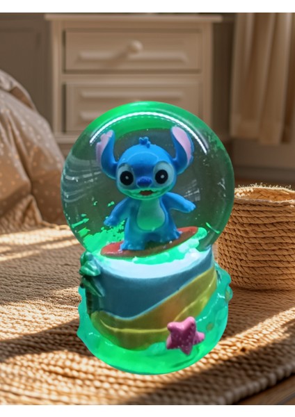 Işıklı 10CM-8CM -Mavi Renk ( Sarı Altlık) Stitch Kar Küre