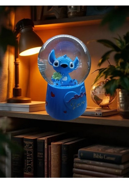 Stitch Müzikli Işıklı Püskürtmeli -10CM-8CM -Mavi Renk Kar Küre