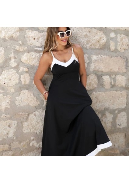 Kadın Ip Askılı V Yakalı Çift Renkli Janjan Krep Elbise fiyatları