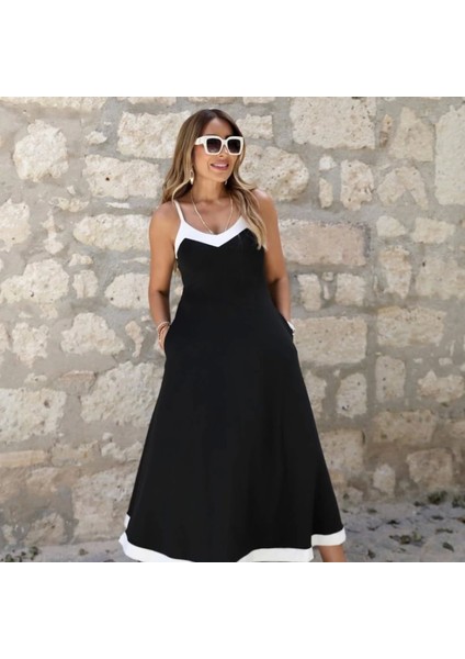 Kadın Ip Askılı V Yakalı Çift Renkli Janjan Krep Elbise modelleri