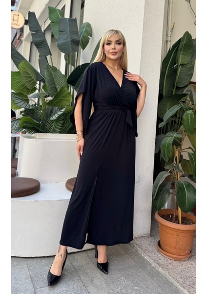 Kadın Büyük Beden Kruvaze Yaka Kuşak Detaylı Yırtmaçlı Esnek Maxi Boy Abiye Elbise 24720 fiyatları