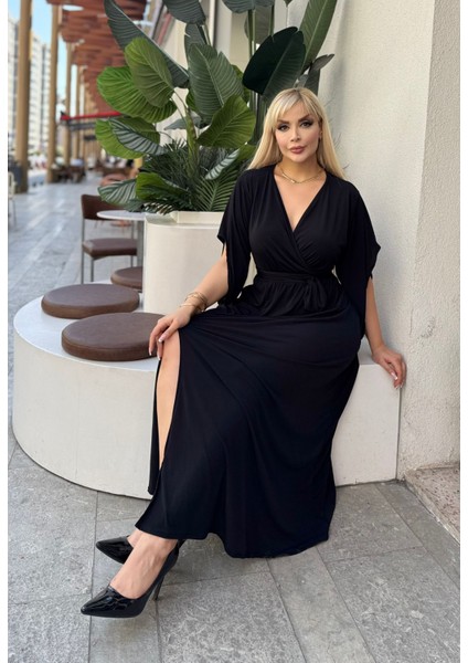 Kadın Büyük Beden Kruvaze Yaka Kuşak Detaylı Yırtmaçlı Esnek Maxi Boy Abiye Elbise 24720 modelleri