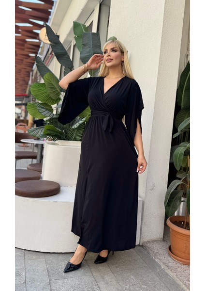 Kadın Büyük Beden Kruvaze Yaka Kuşak Detaylı Yırtmaçlı Esnek Maxi Boy Abiye Elbise 24720 fırsatları