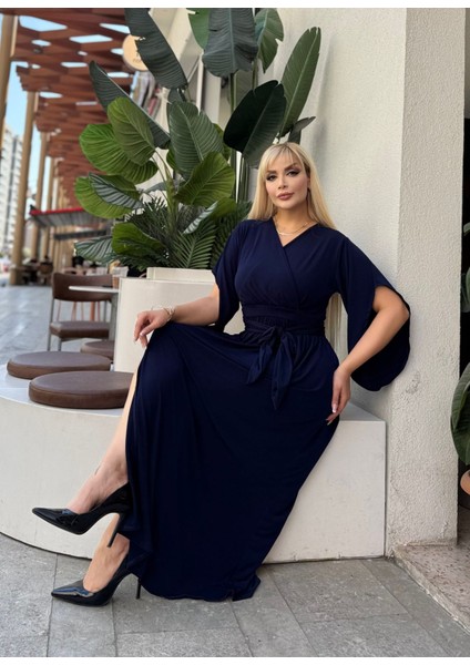Kadın Büyük Beden Kruvaze Yaka Kuşak Detaylı Yırtmaçlı Esnek Maxi Boy Abiye Elbise 24720