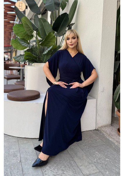 Kadın Büyük Beden Kruvaze Yaka Kuşak Detaylı Yırtmaçlı Esnek Maxi Boy Abiye Elbise 24720 modelleri