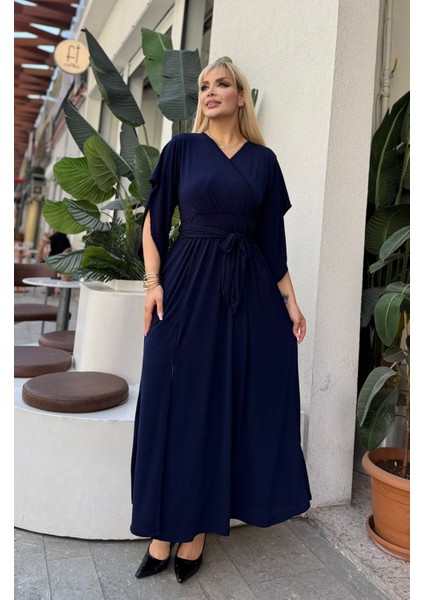 Kadın Büyük Beden Kruvaze Yaka Kuşak Detaylı Yırtmaçlı Esnek Maxi Boy Abiye Elbise 24720 fırsatları