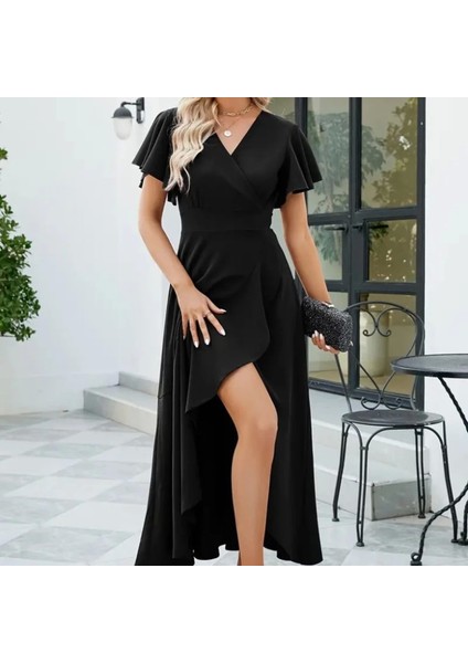 Kadın Kısa Kollu Kruvaze Yakalı Önden Volanlı Çapraz Kesim Detaylı Maksi Boy Ithal Krep Elbise