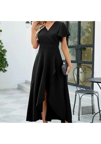 Kadın Kısa Kollu Kruvaze Yakalı Önden Volanlı Çapraz Kesim Detaylı Maksi Boy Ithal Krep Elbise fiyatları