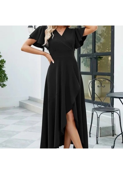 Kadın Kısa Kollu Kruvaze Yakalı Önden Volanlı Çapraz Kesim Detaylı Maksi Boy Ithal Krep Elbise modelleri