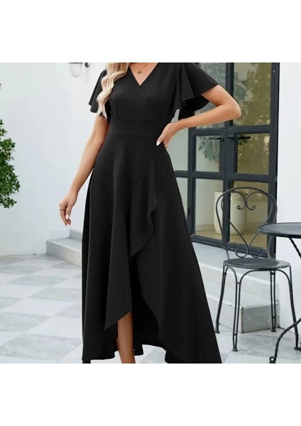Kadın Kısa Kollu Kruvaze Yakalı Önden Volanlı Çapraz Kesim Detaylı Maksi Boy Ithal Krep Elbise fırsatları