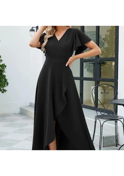 Kadın Kısa Kollu Kruvaze Yakalı Önden Volanlı Çapraz Kesim Detaylı Maksi Boy Ithal Krep Elbise indirimleri