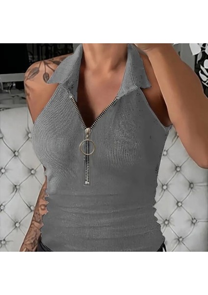 Kadın Kolsuz Polo Yaka Önü Fermuarlı Kaşkorse Bluz