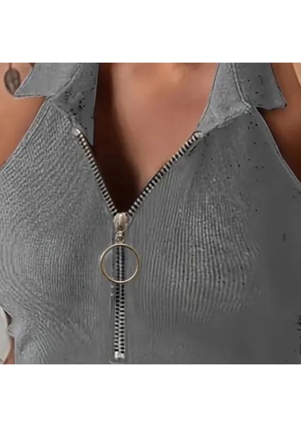 Kadın Kolsuz Polo Yaka Önü Fermuarlı Kaşkorse Bluz fiyatları