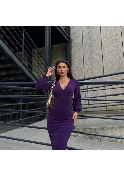 Kadın Kruvaze Yaka Balon Kol Imli Krep Kumaş Idi Boy Elbise fiyatları