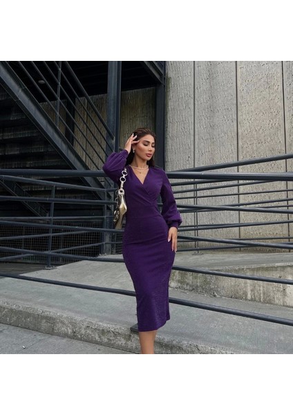 Kadın Kruvaze Yaka Balon Kol Imli Krep Kumaş Idi Boy Elbise modelleri