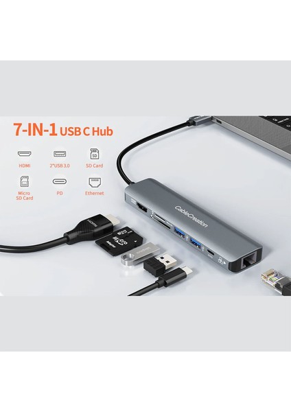 CD0786 HDMI Ethernet 2xusb 3.0 Usb-C Sd Tf 7 In 1 Multiport Usb-C Hub indirimleri