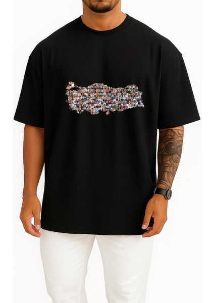 Oversize 15 Temmuz Şehitleri ve Türkiye Haritası Göğüs Tasarımlı Unisex T-Shirt