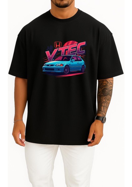 Oversize Honda Civic Vtec Hb Göğüs Tasarımlı Unisex T-Shirt