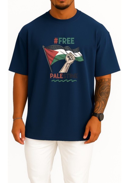 Oversize Free Palestine Göğüs Tasarımlı Unisex T-Shirt