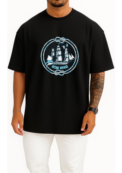 Oversize Ocean Voyage Göğüs Tasarımlı Unisex T-Shirt