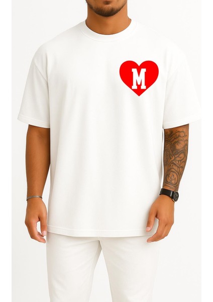 Oversize Kalp Içinde M Harfi Cep Tasarımlı Unisex T-Shirt
